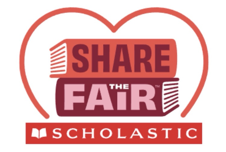 A heart shape logo for Scholastic's Share the Fair with two books in red on white background
