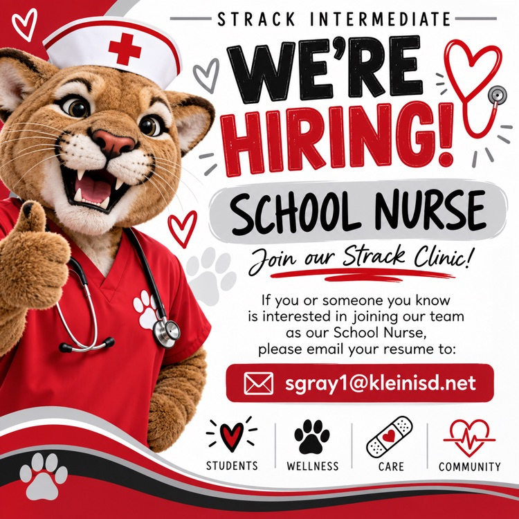Red poster with image of mascot in nurse's uniform with "We're Hiring! School Nurse" text.