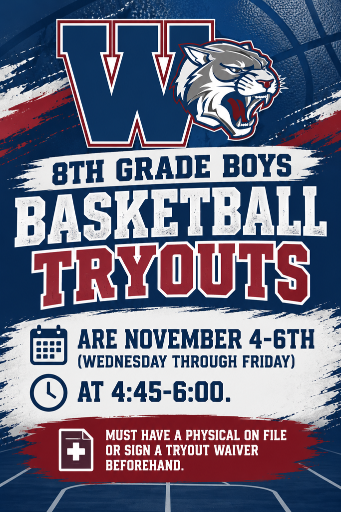 Blue, white, and red background with a graphic of a cat and text reading, "8th Grade Boys Basketball Tryouts."