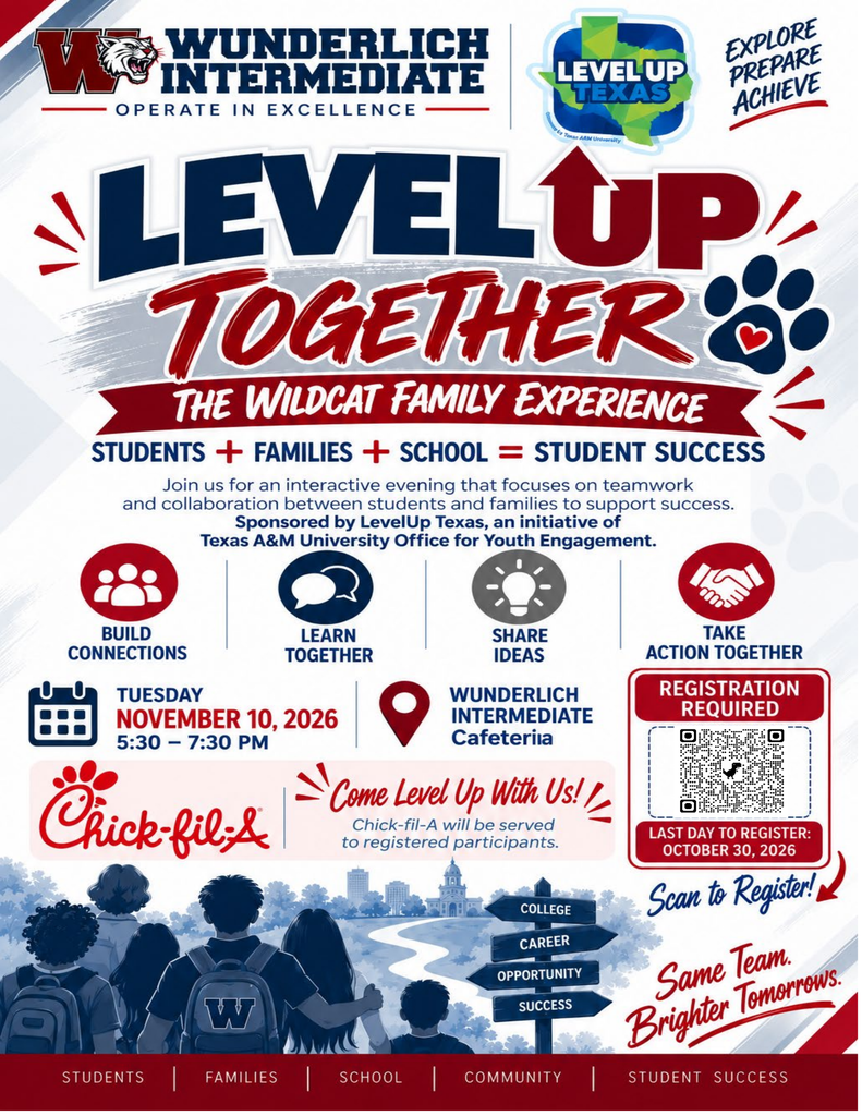An event flyer with "Level Up Together" and "The Wildcat Family Experience" text, icons, and a QR code.