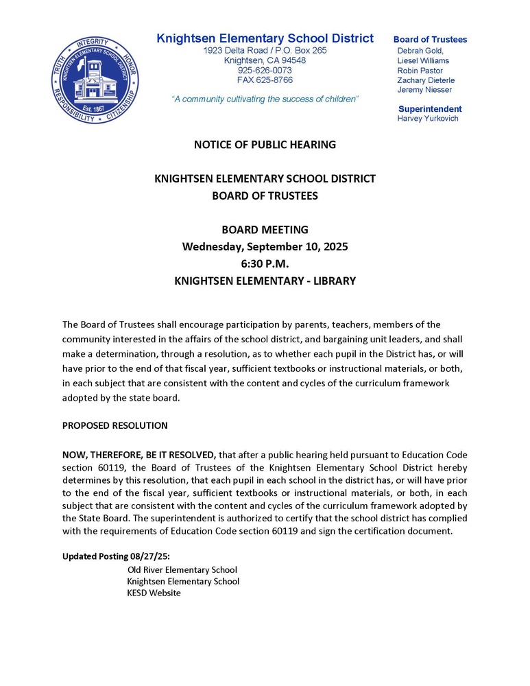 Public Hearing Notice for Sufficient Instructional Materials 