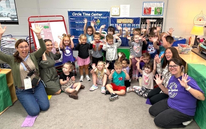 Students and staff in the morning preschool classes at East Knox Local Schools wave a welcome to Family Fun Night, scheduled from 4:30 to 6:30 Sept. 24. Staff includes teachers Nicole Cook and Erica Beltz and teacher assistants Ariel Lashley and Taylor Hahn.
