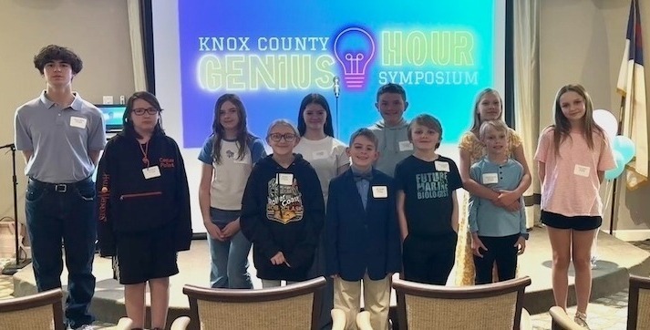 These students participated in the recent Genius Hour symposium at the Gallagher Centre. Front row, from left: Mia Ison, Will Meyers, Hendrix Penrose, Noah Pfettscher. Back row, from left: Vincent Frazee, Hollis Banks, Aria Dunmire, Cora Parks, Keegan Connell, Junia Pfettscher, Ellie Lepley. Not pictured is participant Kalista Mathie