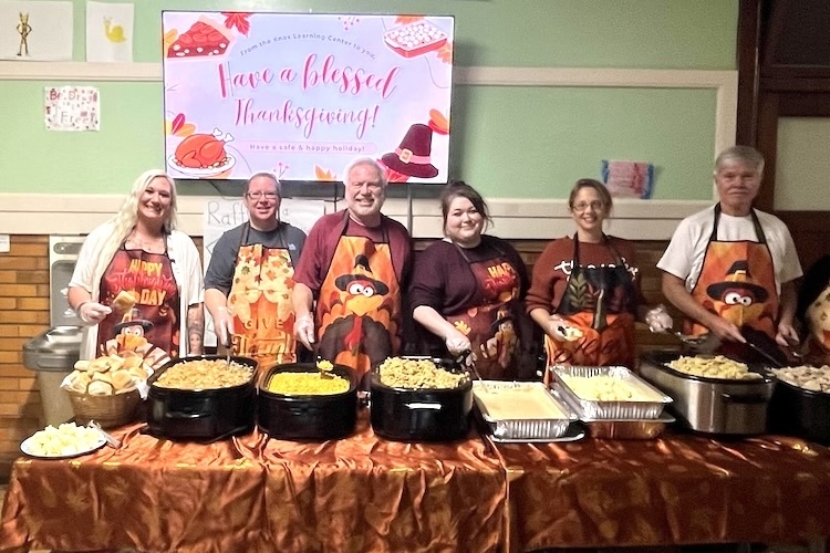 The serving line at the Knox Learning Center’s Thanksgiving dinner included, from left, Renee Runyon, student and staff support; Mandy Welker, community volunteer; Mark Whitacre, occupational therapist; Mandy Byler, occupational therapist assistant; Lisa Hart, middle school classroom aide, and ESC Superintendent Dr. Timm Mackley