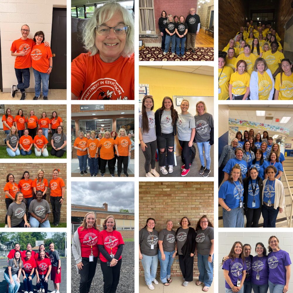 Collage of staff  wearing T-shirts color-coded to the work they do, celebrating the Knox ESC’s first-ever “Unity Day within the Community."