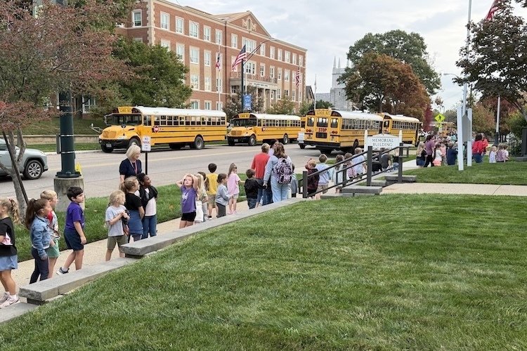 Some of approximately 600 Knox County first-graders make their way to the Knox Memorial Theater for the Oct. 14 Youth Enrichment Series program.