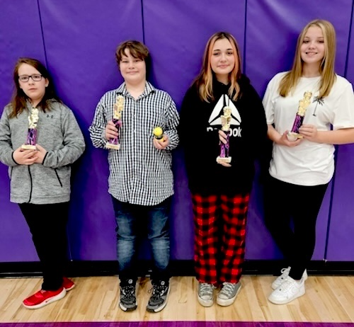 East Knox Elementary School spelling bee winners, from left, are: Hollis Banks, fifth-grade runner-up; Jackson Daugherty, fifth-grade winner; Marley Moore, sixth-grade champion, and Maddie Dale, sixth-grade runner-up