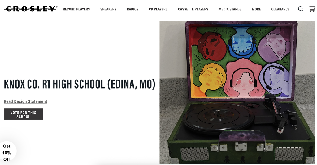 Screenshot of the voting page on the Crosley Website displaying the Knox Co. R-1 Record Player