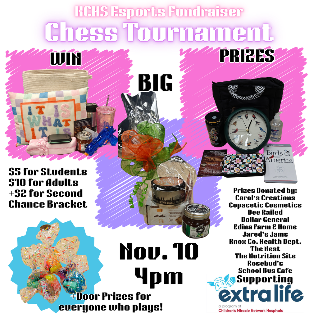 Neon themed poster listing prizes for the KCHS Esports Chess Tournament Fundraiser