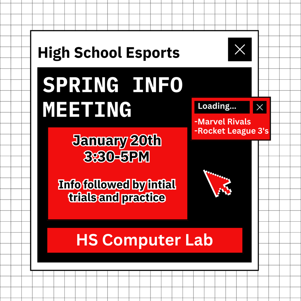 Flyer advertising KCHS Esports meeting on 1/20/26 after school in the HS Computer Lab