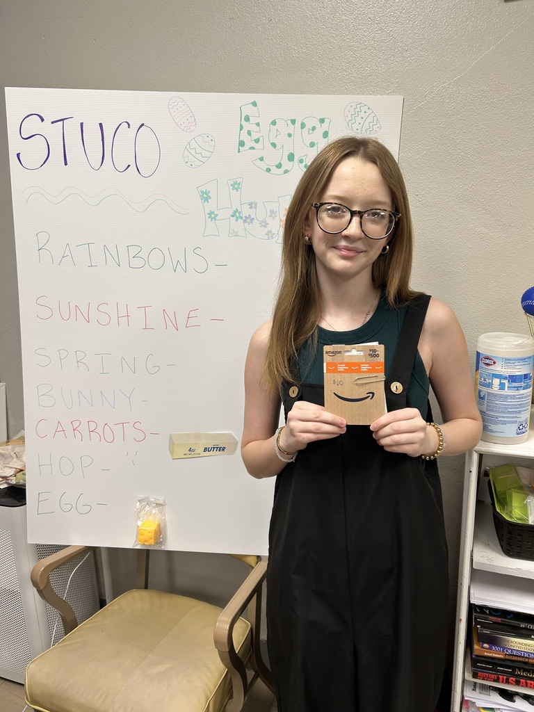 STUCO Egg Hunt is complete!   High School students searched for eggs all day. They were looking for letters to spell words to earn prizes. The game started at 9:03 am and officially ended at 3:00 pm. There were also eggs with snack/candy coupons so many prizes were won throughout the day!  Here are our big winners!   Have a wonderful Spring Break. 