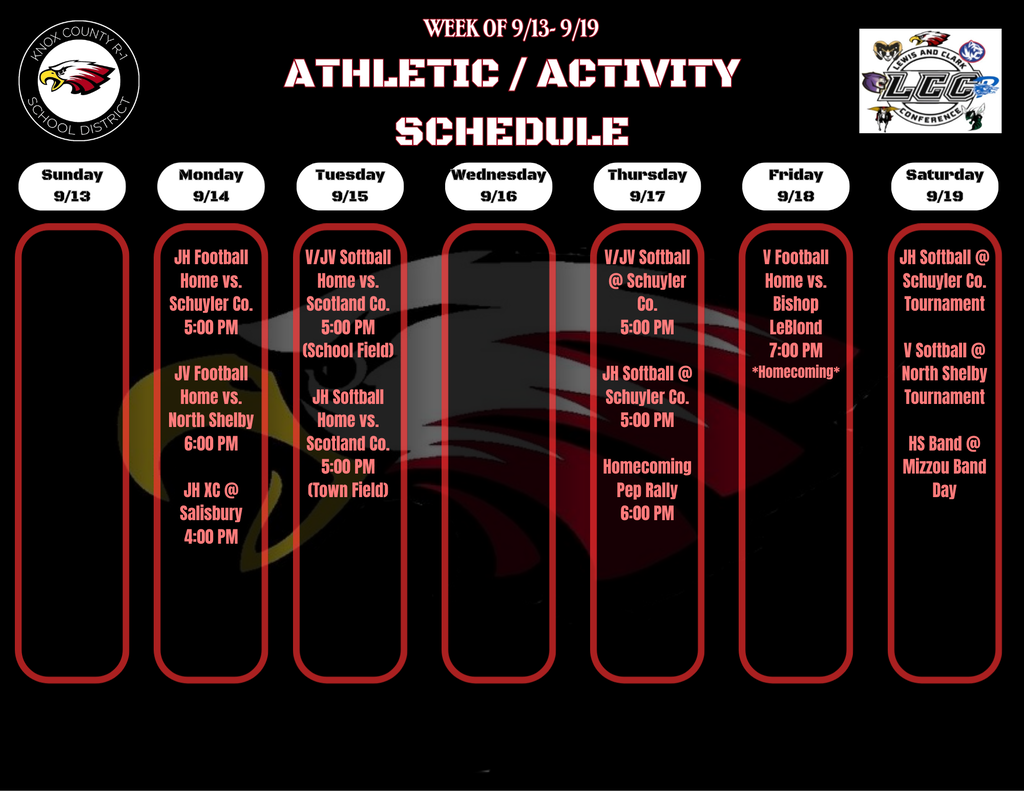 9/13-9/19 Athletic / Activity Schedule