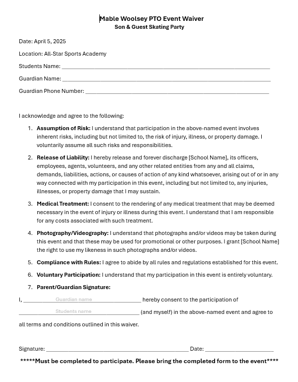 Son event waiver form
