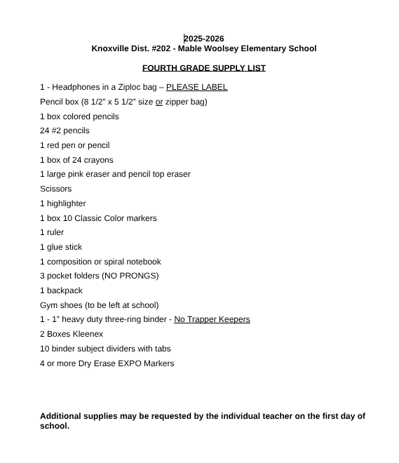 MWES Supply Lists for the 2025-2026 school year are listed.