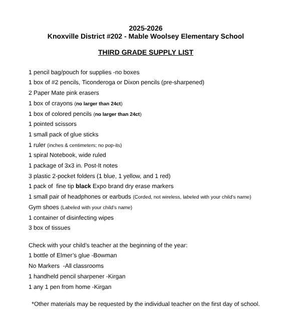 MWES Supply Lists for the 2025-2026 school year are listed.
