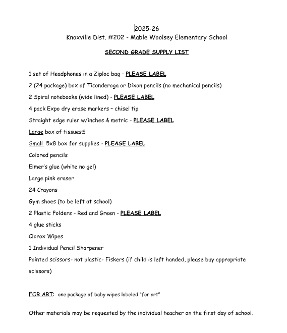 MWES Supply Lists for the 2025-2026 school year are listed.