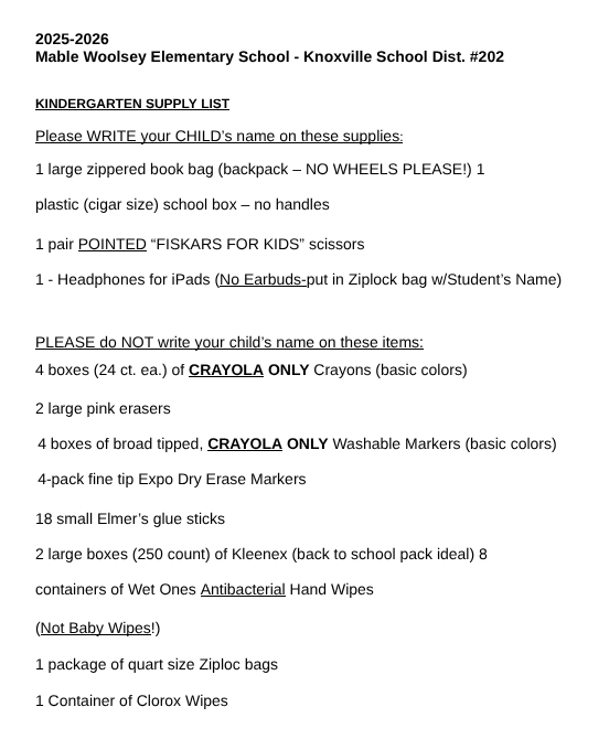 MWES Supply Lists for the 2025-2026 school year are listed.