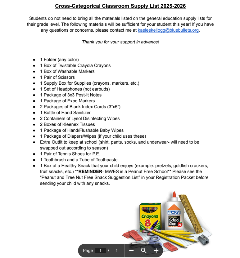 MWES Supply Lists for the 2025-2026 school year are listed.