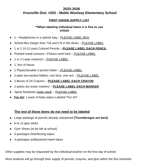 MWES Supply Lists for the 2025-2026 school year are listed.