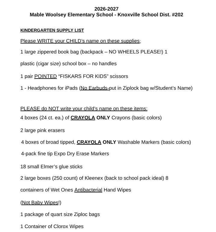 kindergarten supply list