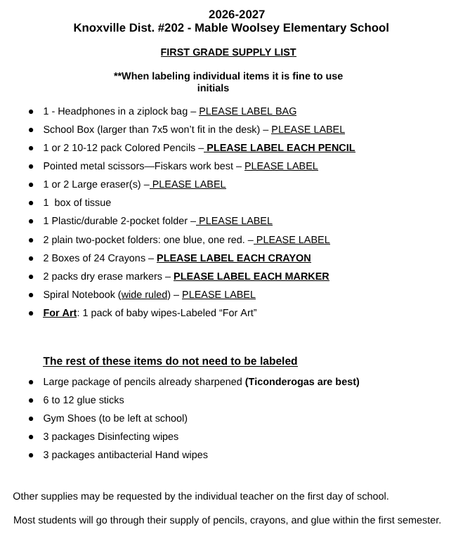 1st grade supply list