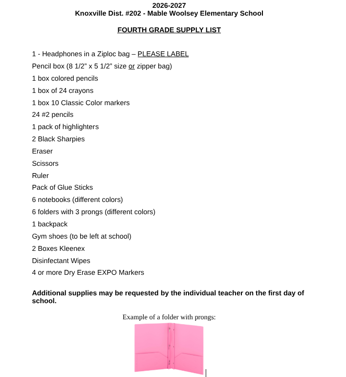 4th grade supply list