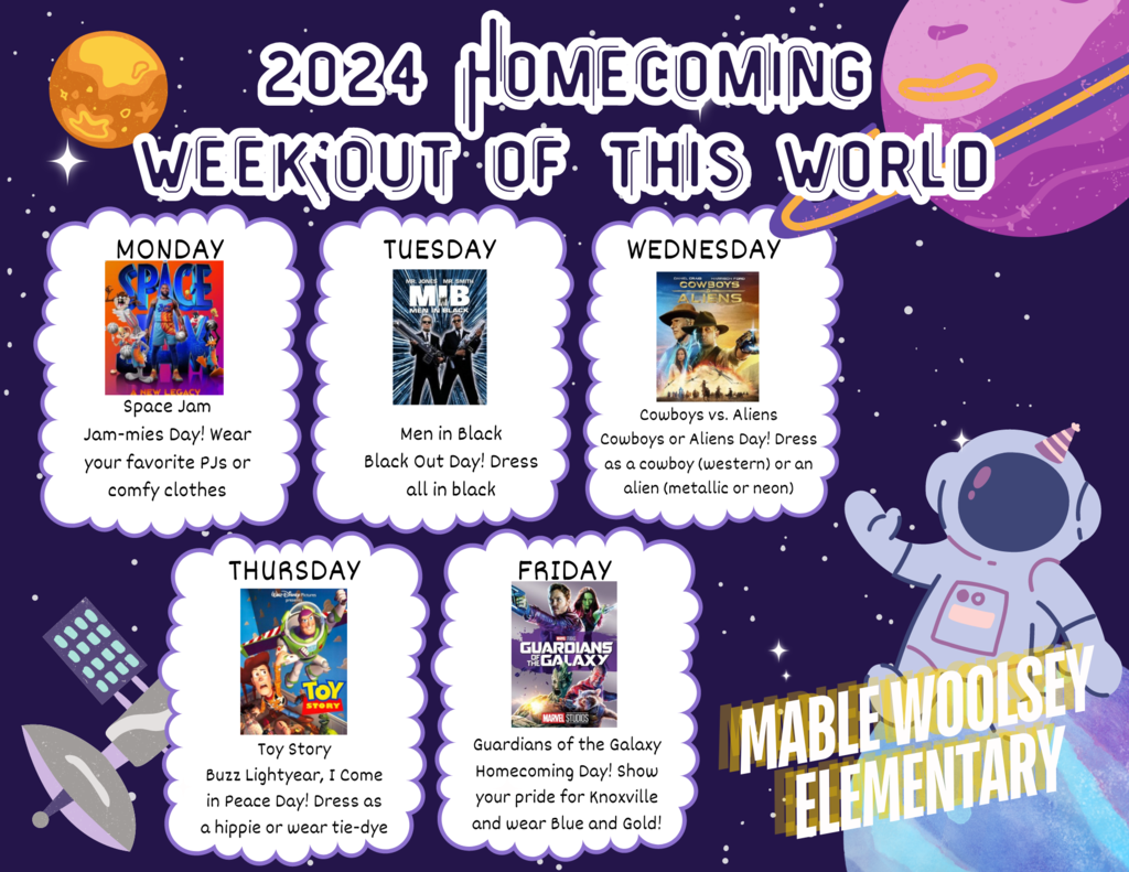 Homecoming dress up days. M - PJs, T-Black out, W-Cowboy or alien, Th - Tie-dye, F- Blue and gold