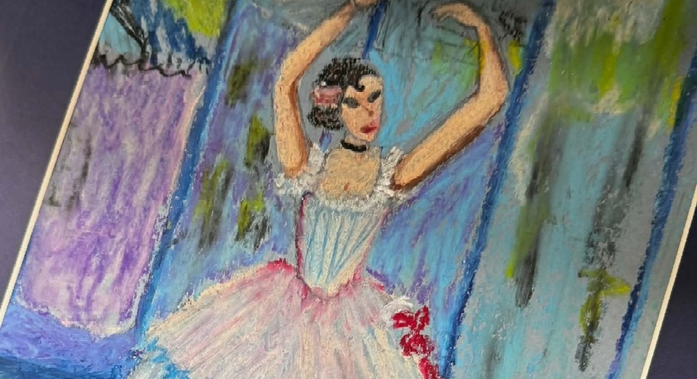 oil chalk art of ballerina dancing with arms up