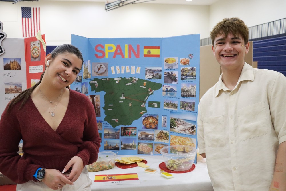 International students Regina Socias Florit and Marc Cuberta Falgueras present about their home country during the 2026 International Festival.