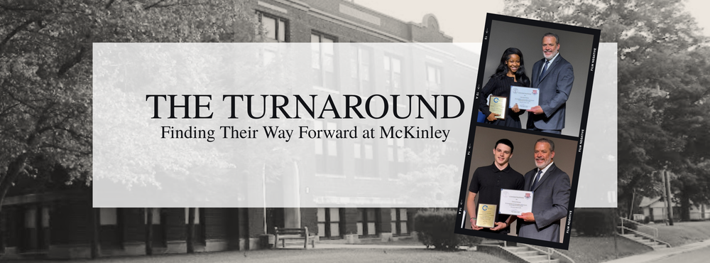 the turnaround finding their way forward at mckinley brick school building and two students holding certificates