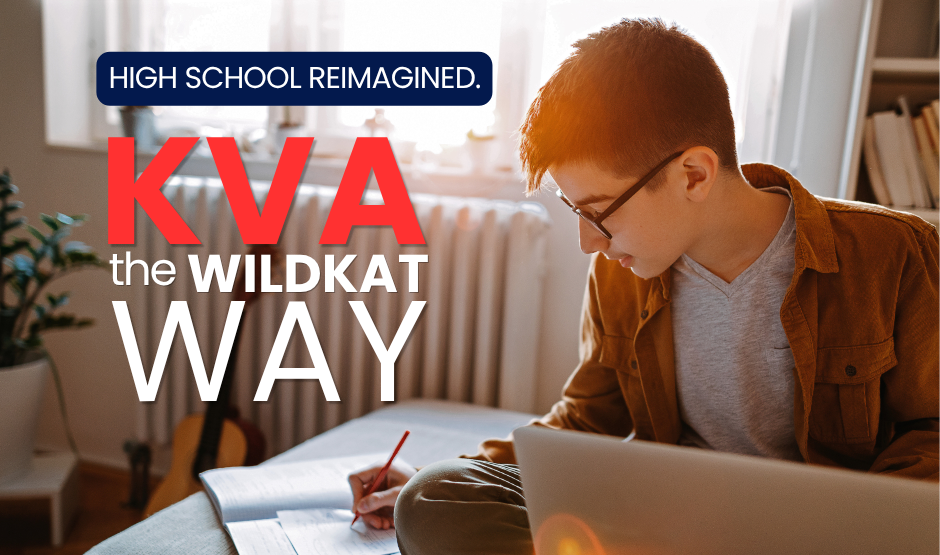 student on laptop computer, tect high school reimagined. kva the wildkat way