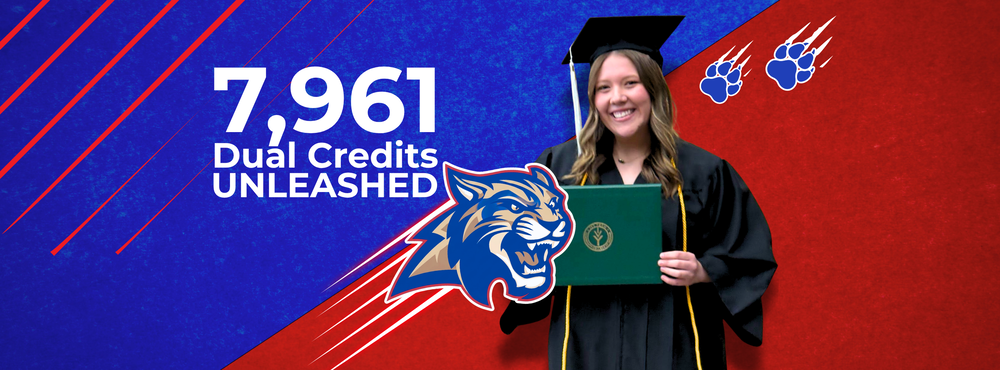 girl wearing graduation cap and gown holding diploma, wildcat overlay, text 7,961 dual credits unleashed