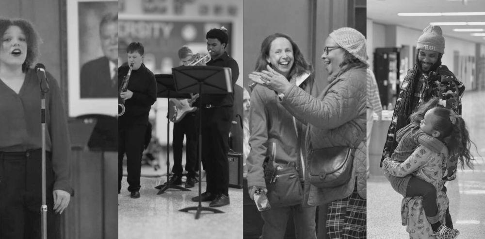 Black History Expo 2026 female student singing, student jazz band performing, friends smiling, dad and daughter laughing