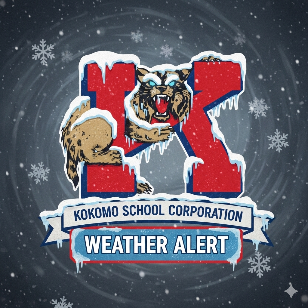 letter k with cat iced over and snow with text kokomo school corporation weather alert