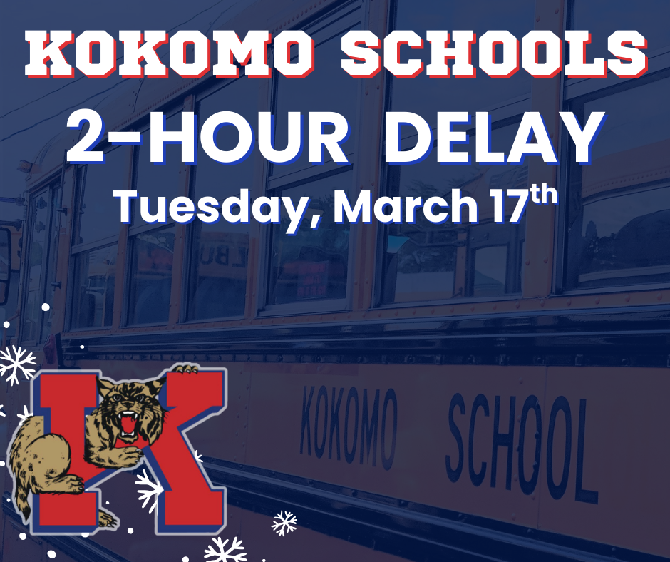 school bus in background, cat with letter k and snowflakes, text kokomo schools -hour delay Tuesday, March 17