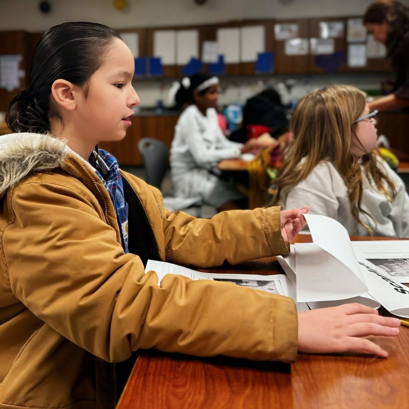 girl in classroom with students reviewing art paperwork