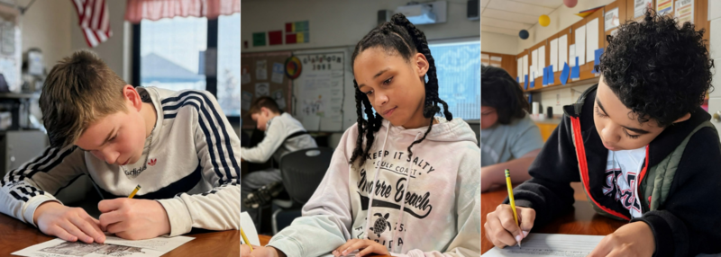 three students writing with pencils in a classroom