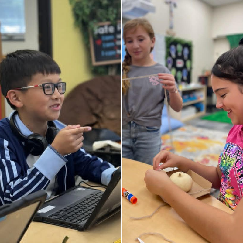 boy working on laptop and two girls measuring and inventing