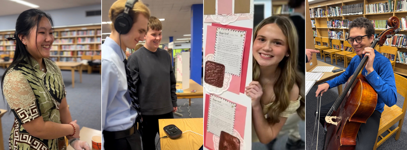 two girls smiling over baked goods, two boys smiling one wearing headphones, another boy smiling playing cello