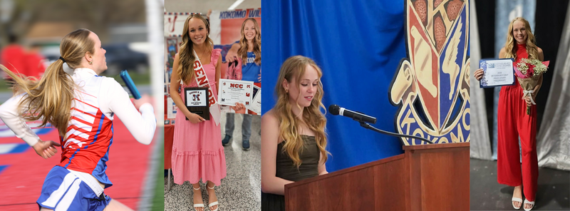girl running and holding senior awards