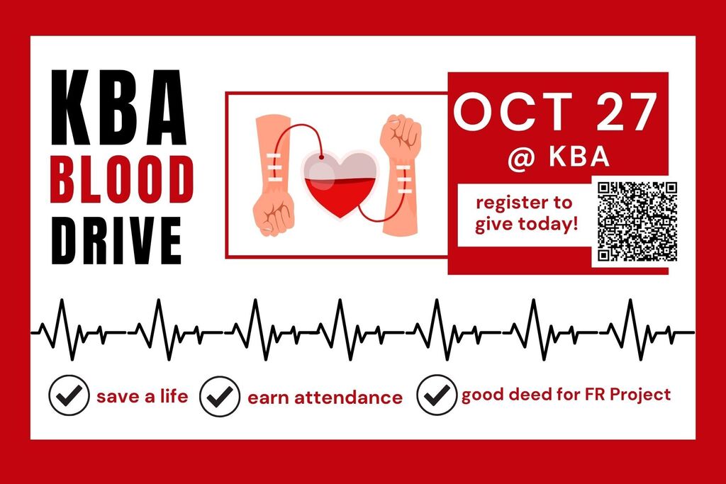 kba blood drive flyer october 27th, qr code to register
