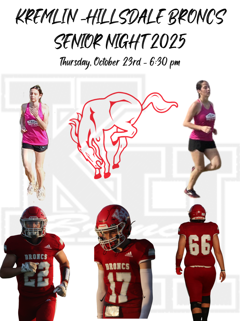Senior Night, Thursday October 23 at 6:30 PM - Action shots of seniors around school logo.