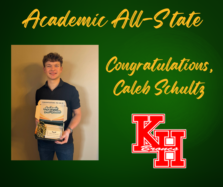 Caleb Schutlz holding his Academic All-State box! Green background, gold lettering.