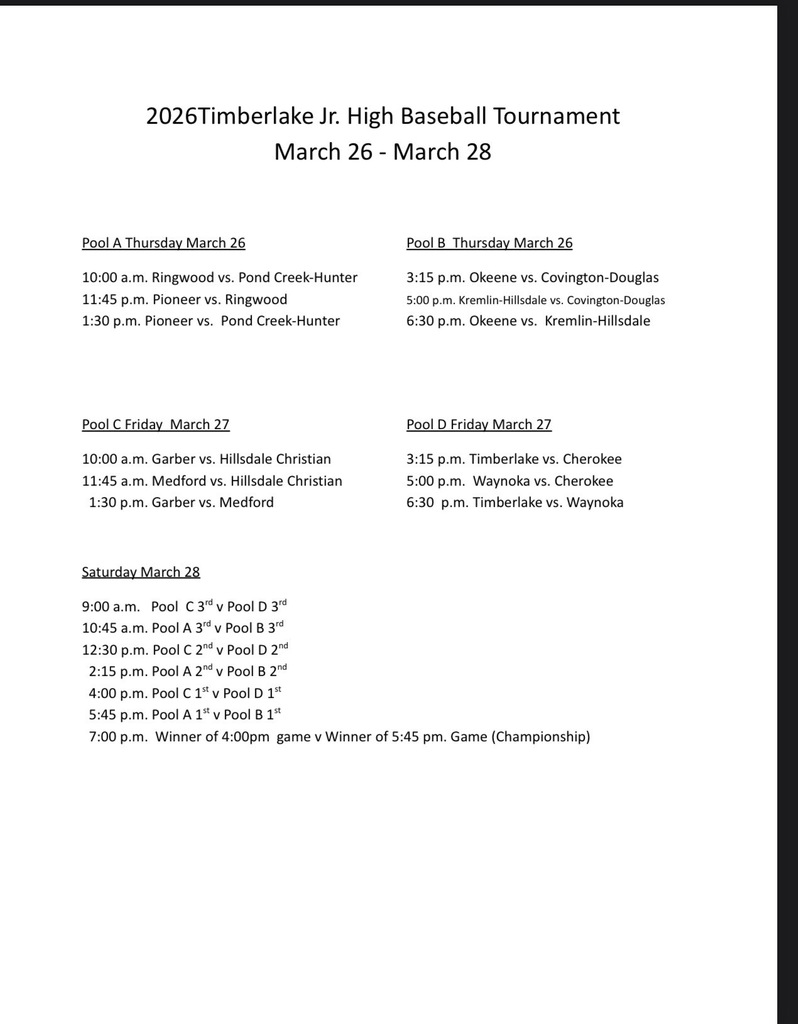 2026 Jr. High Timberlake Tournament March 26-28