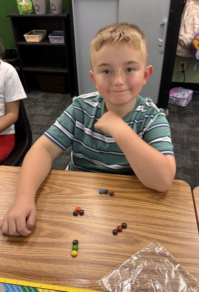 A student posing with their M&M’s arranged in 4 groups of 3.