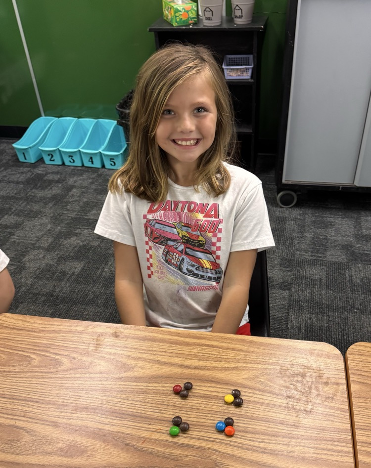 A student posing with their M&M’s arranged in 4 groups of 3.