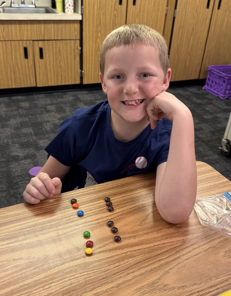 A student posing with their M&M’s arranged in 4 groups of 3.