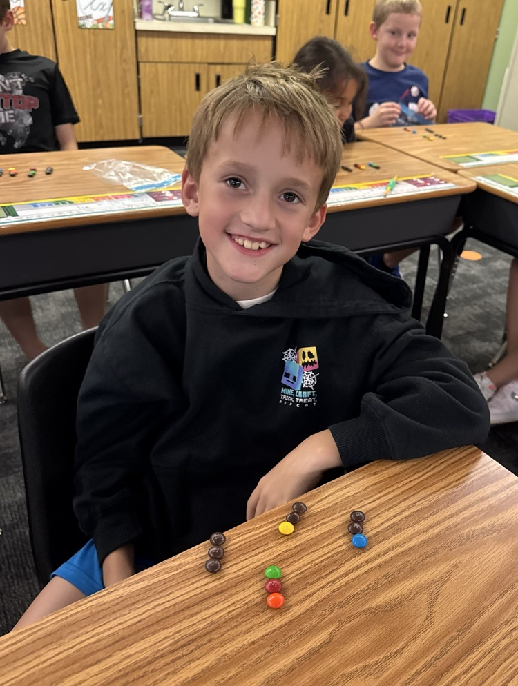 A student posing with their M&M’s arranged in 4 groups of 3.