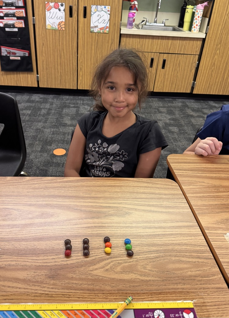 A student posing with their M&M’s arranged in 4 groups of 3.