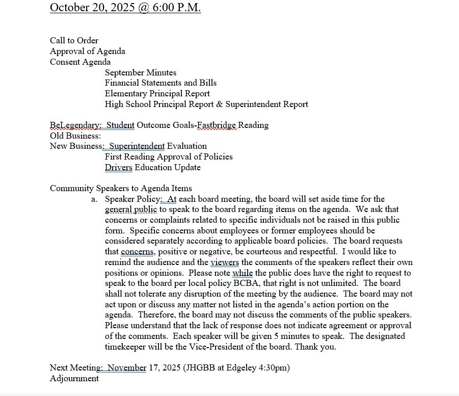 October 20, 2025 SB agenda